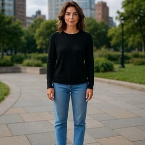 St John Basics Crewneck Sweater Womens Large Black Santana Knit Zip Vintage USA